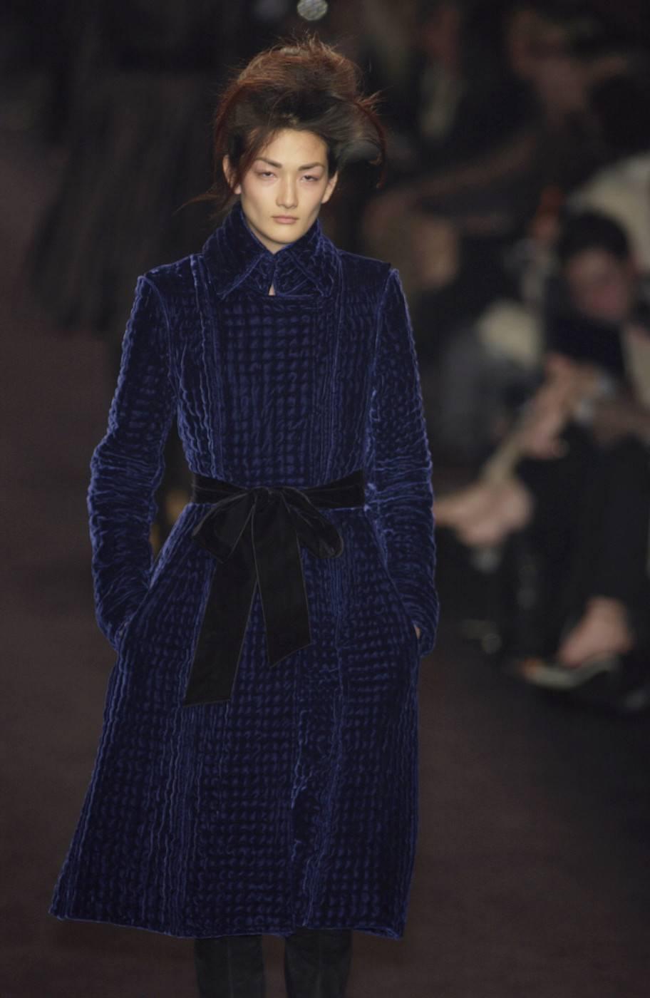 Women's Tom Ford for Yves Saint Laurent Fall 2002 Quilted Blue Silk Velvet Coat  For Sale