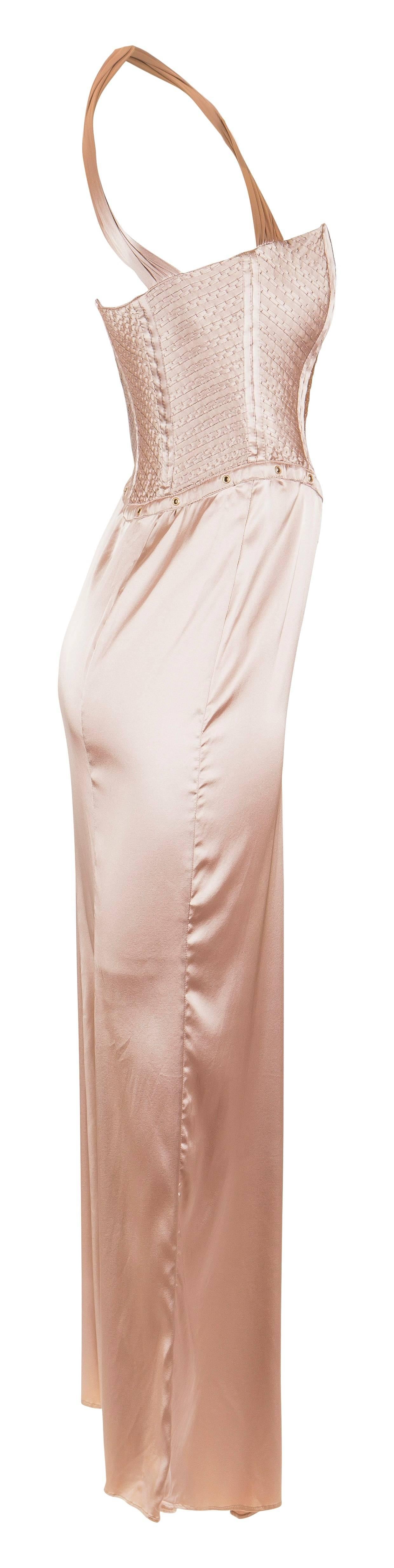 Tom Ford for Gucci 
Fall 2003 
Champagne Silk Jersey Corset Gown 
Grommet detail
Some minor fading at bottom of dress
size 38