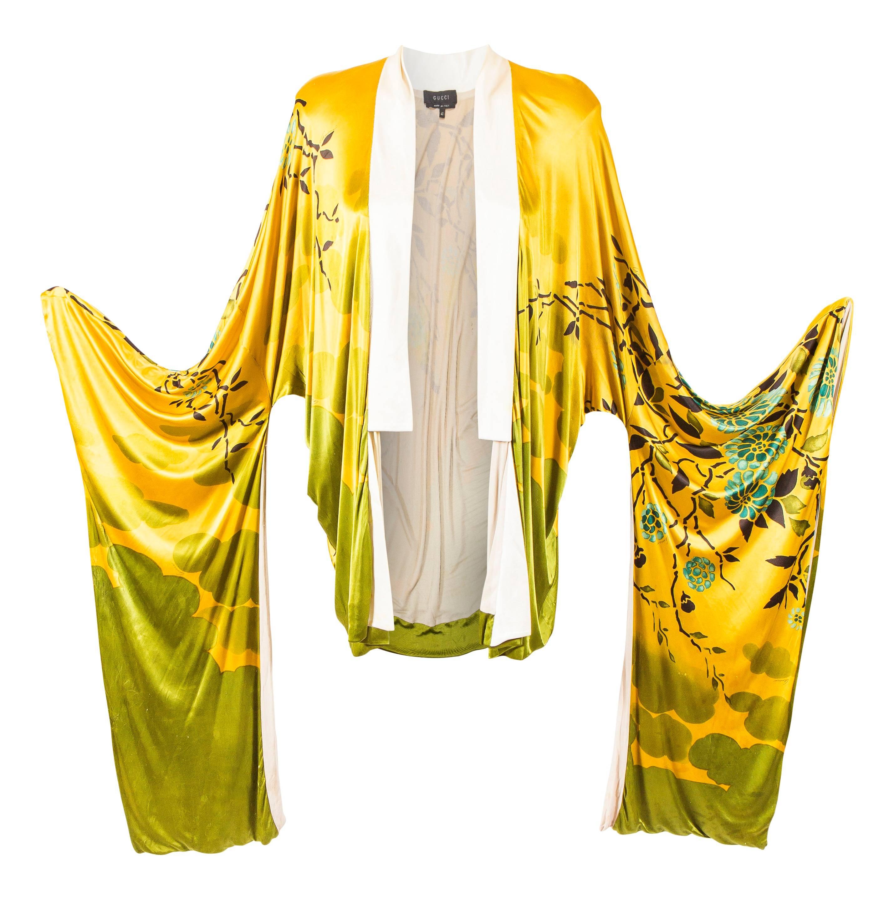 Tom Ford for Gucci Spring 2003 
Iconic Yellow Kimono 
Features in Campaign Ad
Only a few made worldwide 
Highly collectable
Silk Jersey, some colour run and wear consistent with age.