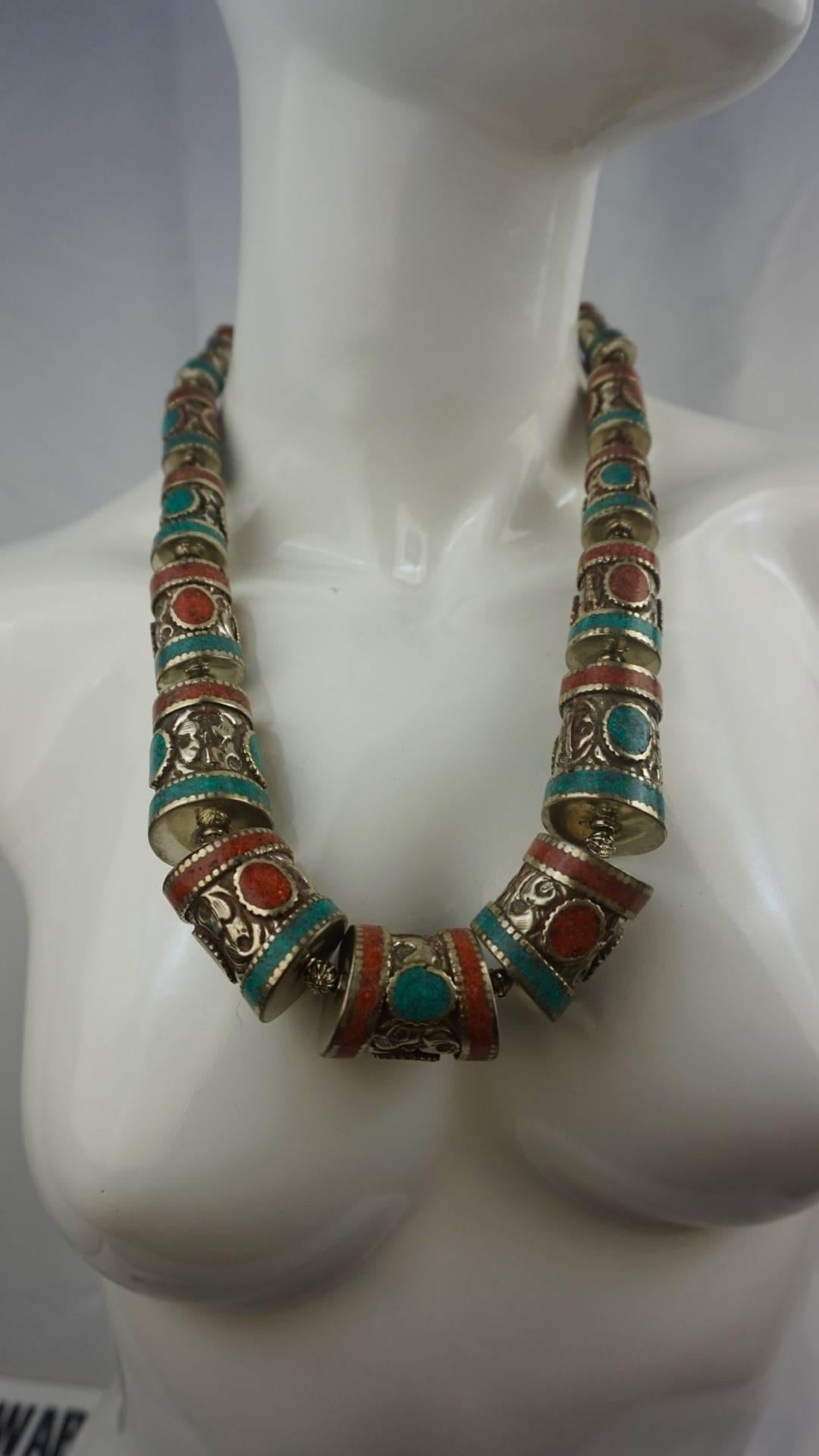 Native American Mayan Silver with Turqoise and Red Jasper Inlay For Sale