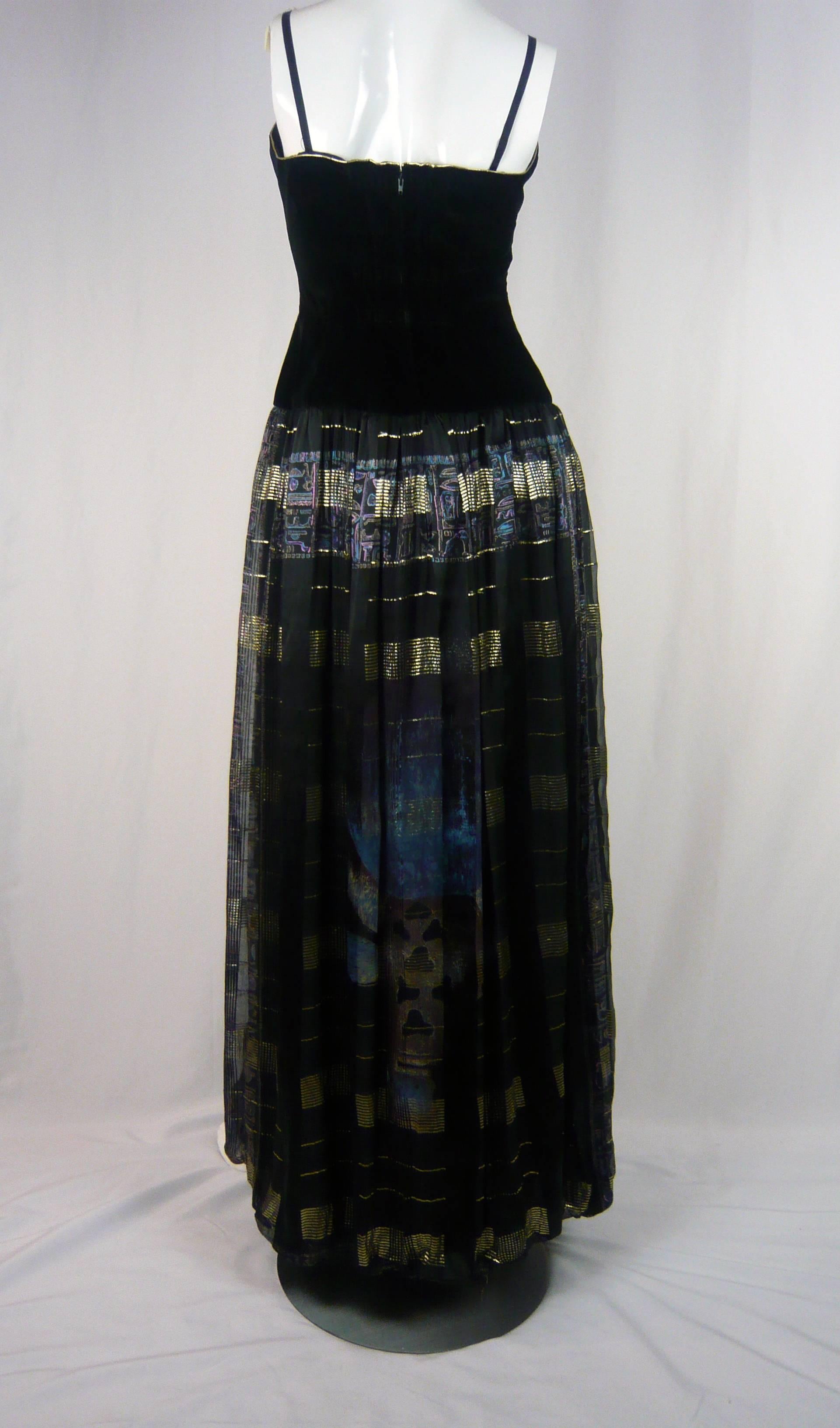 Black 1980s Balmain Evening Dress Blk Velvet Egyptian Print For Sale