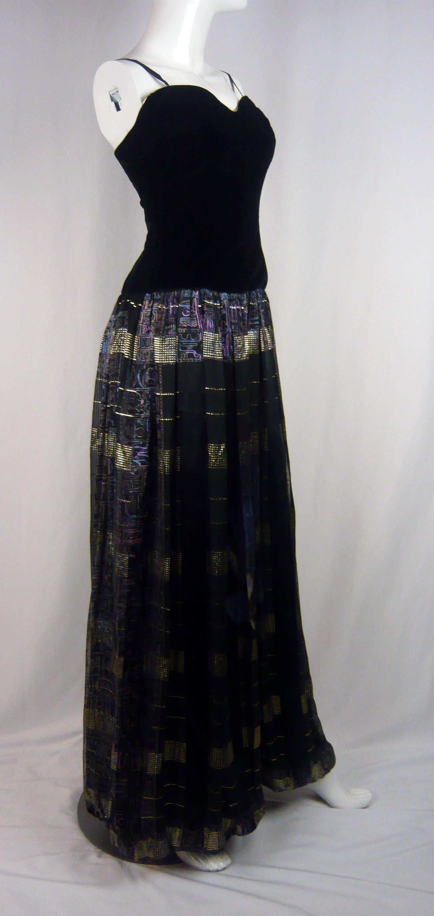 1980s Balmain Evening Dress Blk Velvet Egyptian Print In New Condition For Sale In West Hollywood, CA