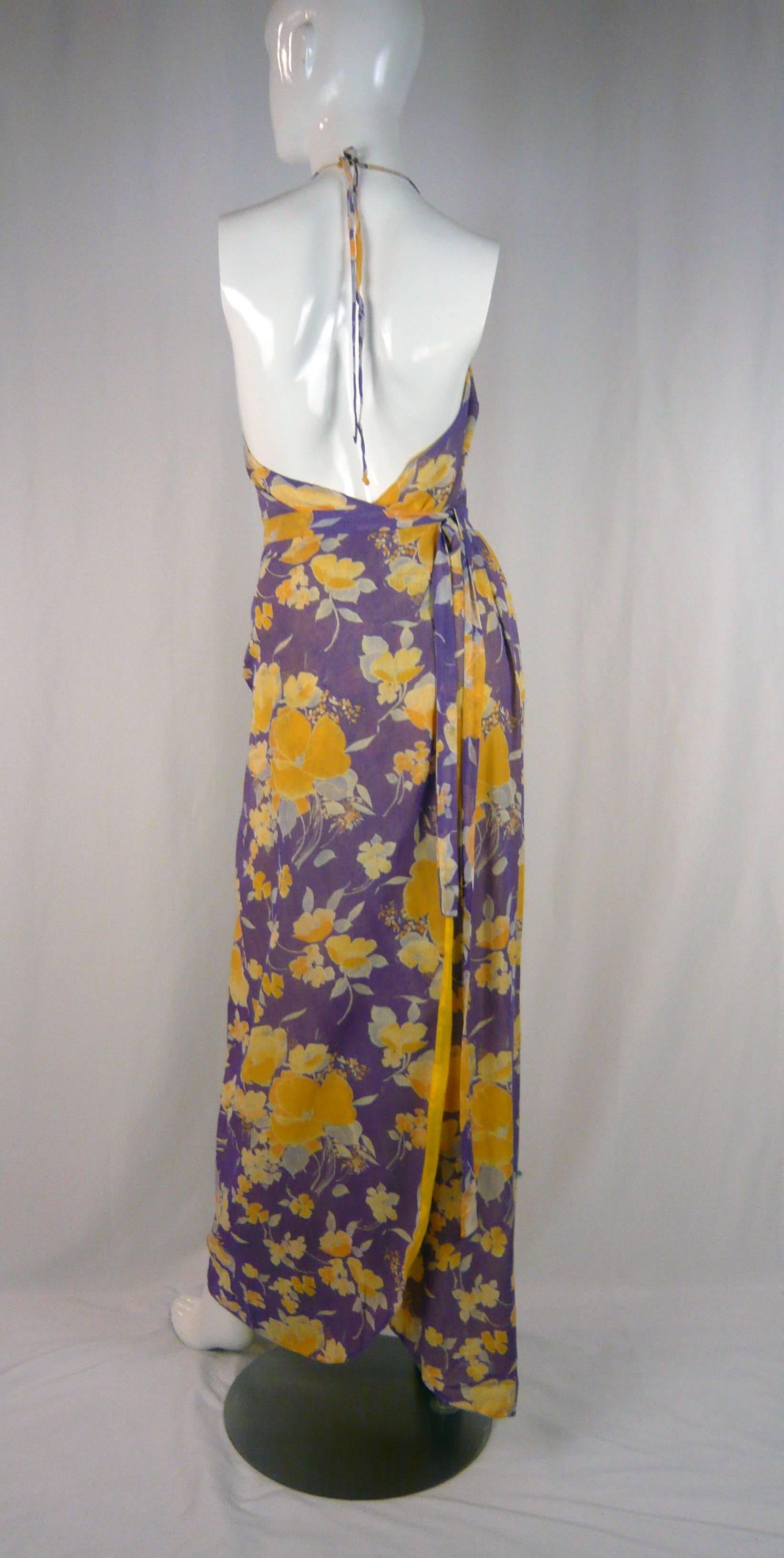 1970s Michel Goma Spring Floral Linen Wrap Day Dress In New Condition For Sale In West Hollywood, CA