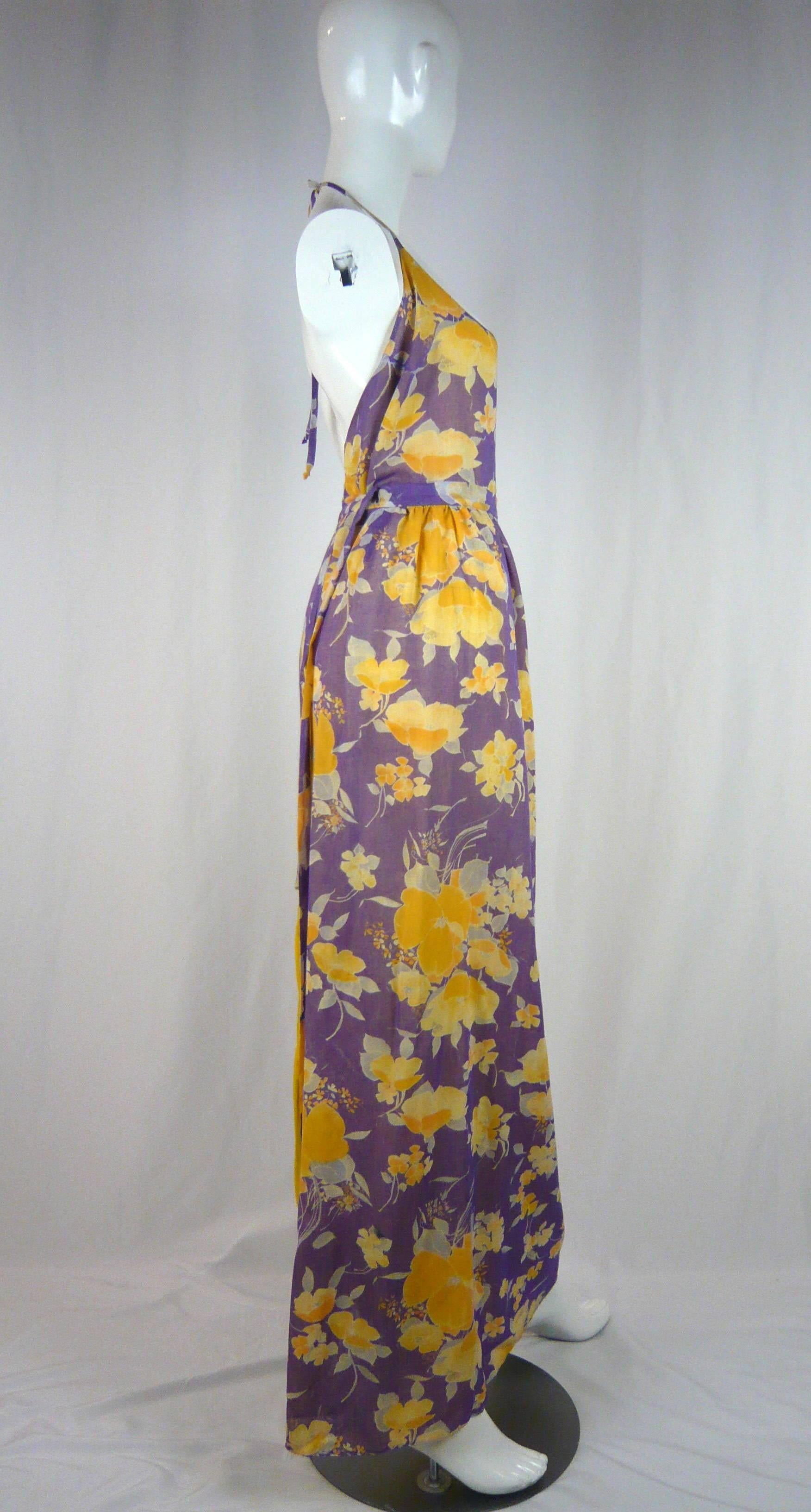 Brown 1970s Michel Goma Spring Floral Linen Wrap Day Dress For Sale