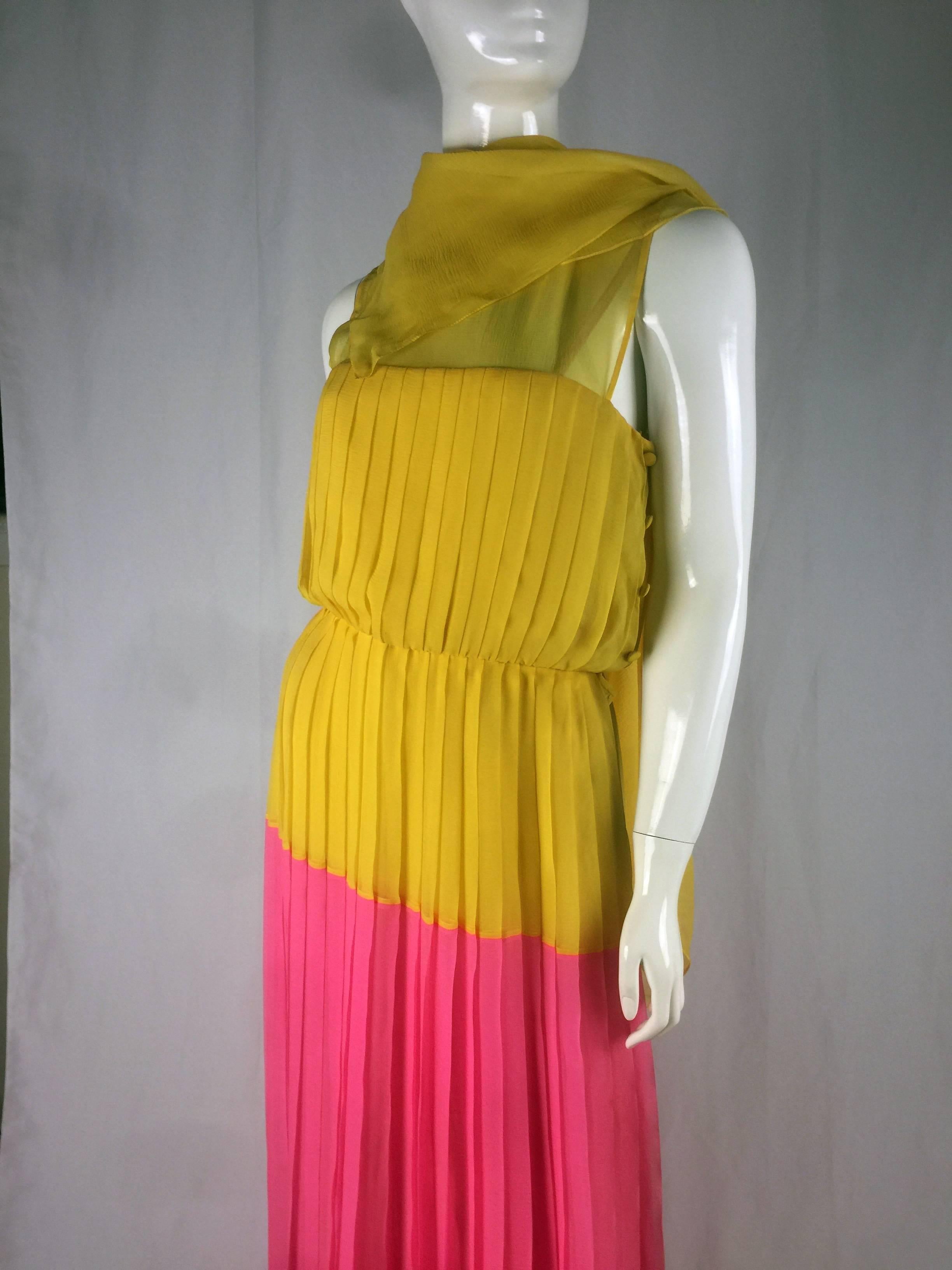 1980s Nina Ricci Yellow and Pink Pleated Silk Chiffon Gown For Sale 4