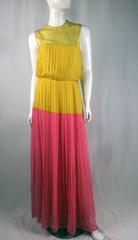 1980s Nina Ricci Yellow and Pink Pleated Silk Chiffon Gown