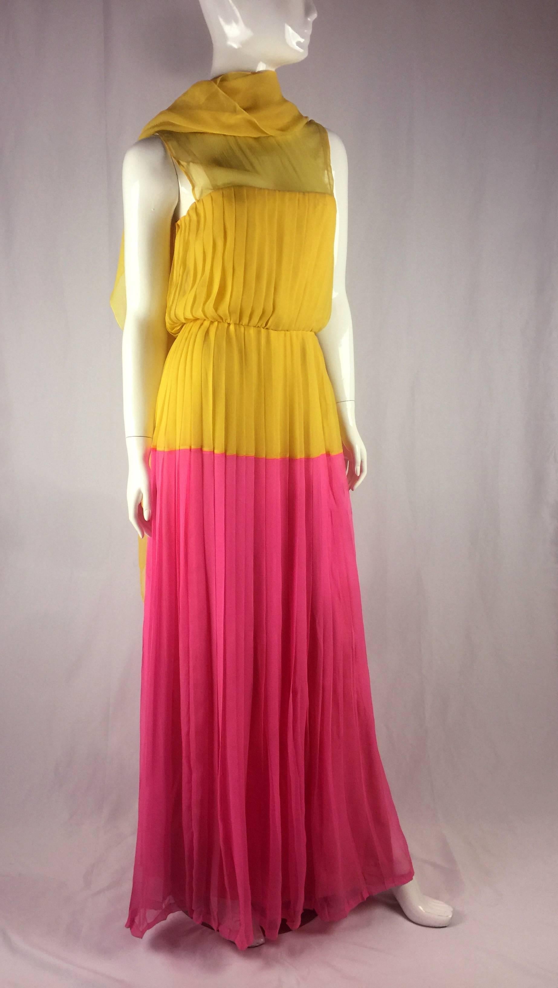 1980s Nina Ricci Yellow and Pink Pleated Silk Chiffon Gown For Sale 5