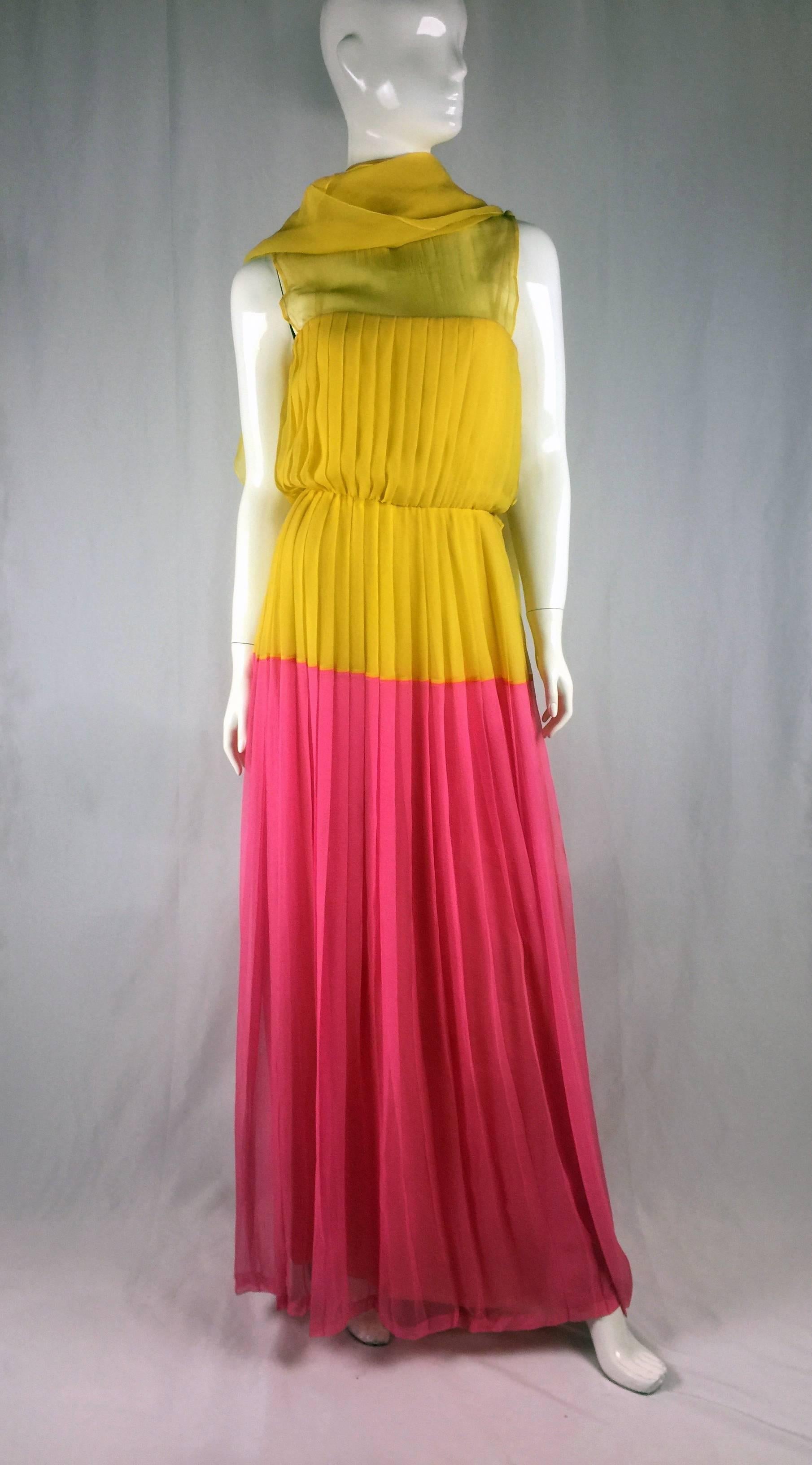 1980s Nina Ricci Yellow and Pink Pleated Silk Chiffon Gown In New Condition For Sale In West Hollywood, CA