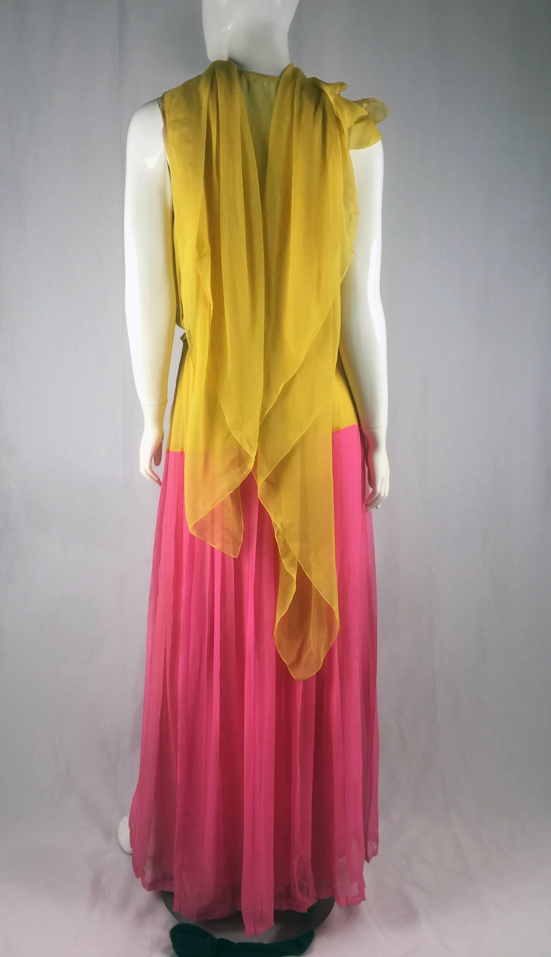 1980s Nina Ricci Yellow and Pink Pleated Silk Chiffon Gown For Sale 3