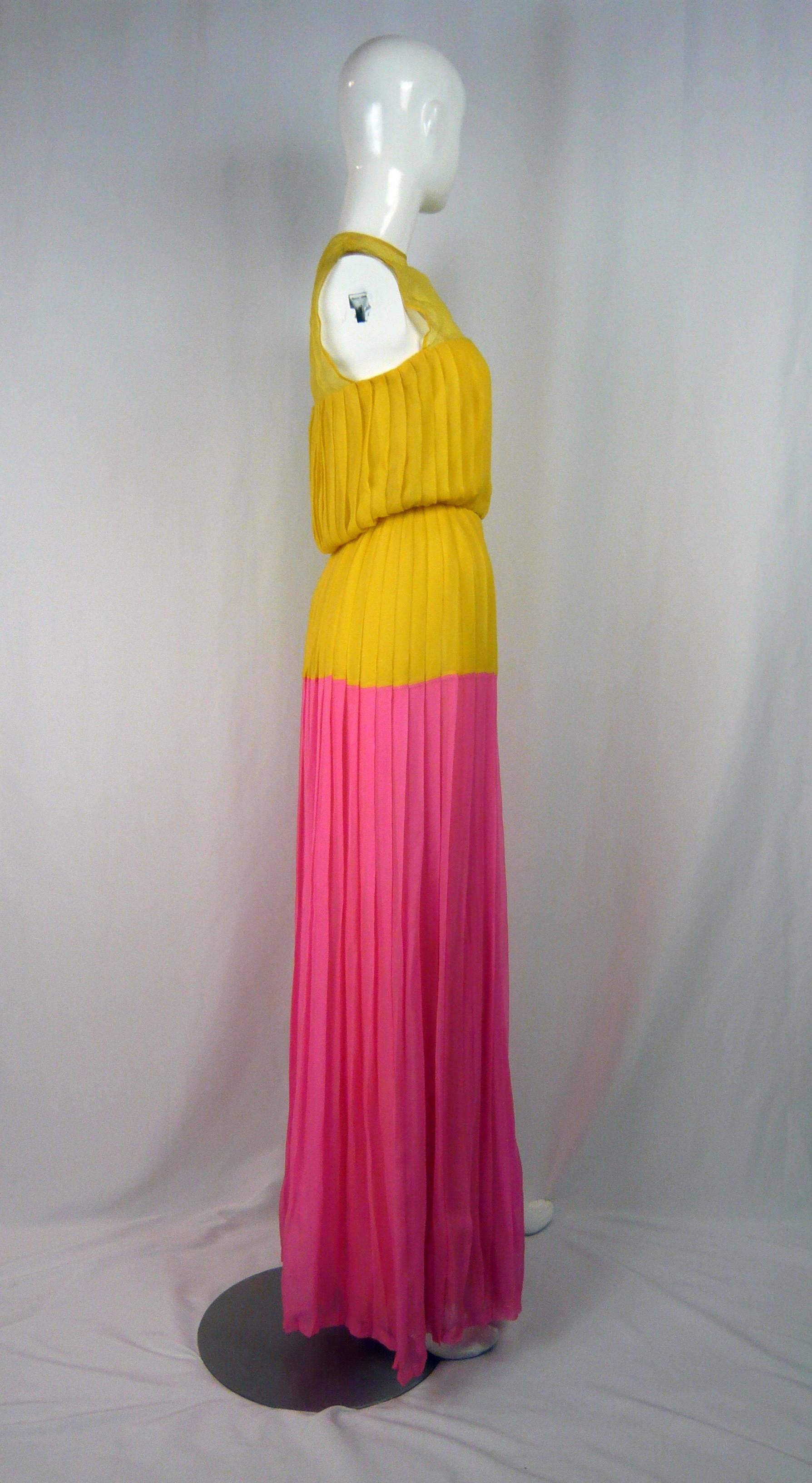 1980s Nina Ricci Yellow and Pink Pleated Silk Chiffon Gown For Sale 1