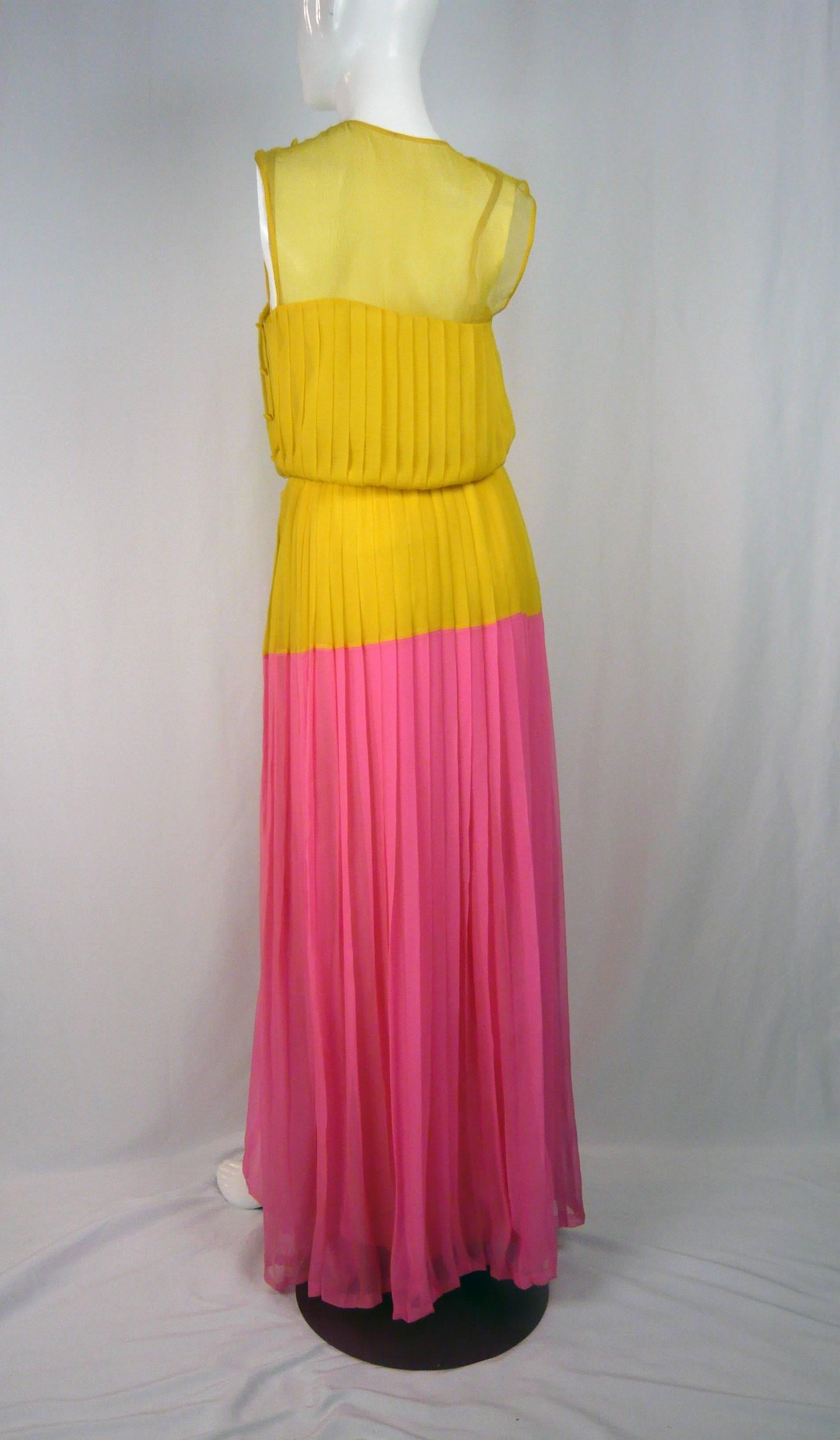 1980s Nina Ricci Yellow and Pink Pleated Silk Chiffon Gown For Sale 2