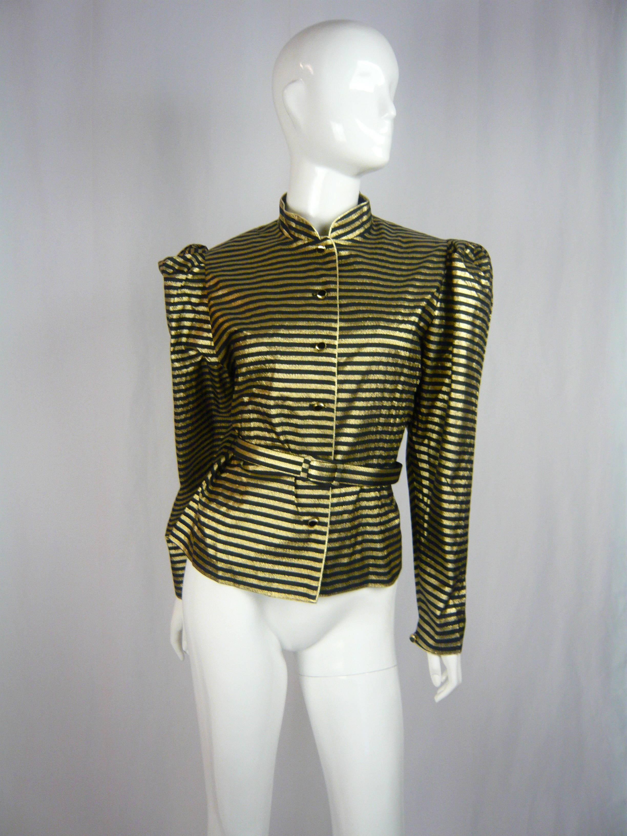 Women's 1980s Scorpion Black and Gold Lame Striped Blouse For Sale