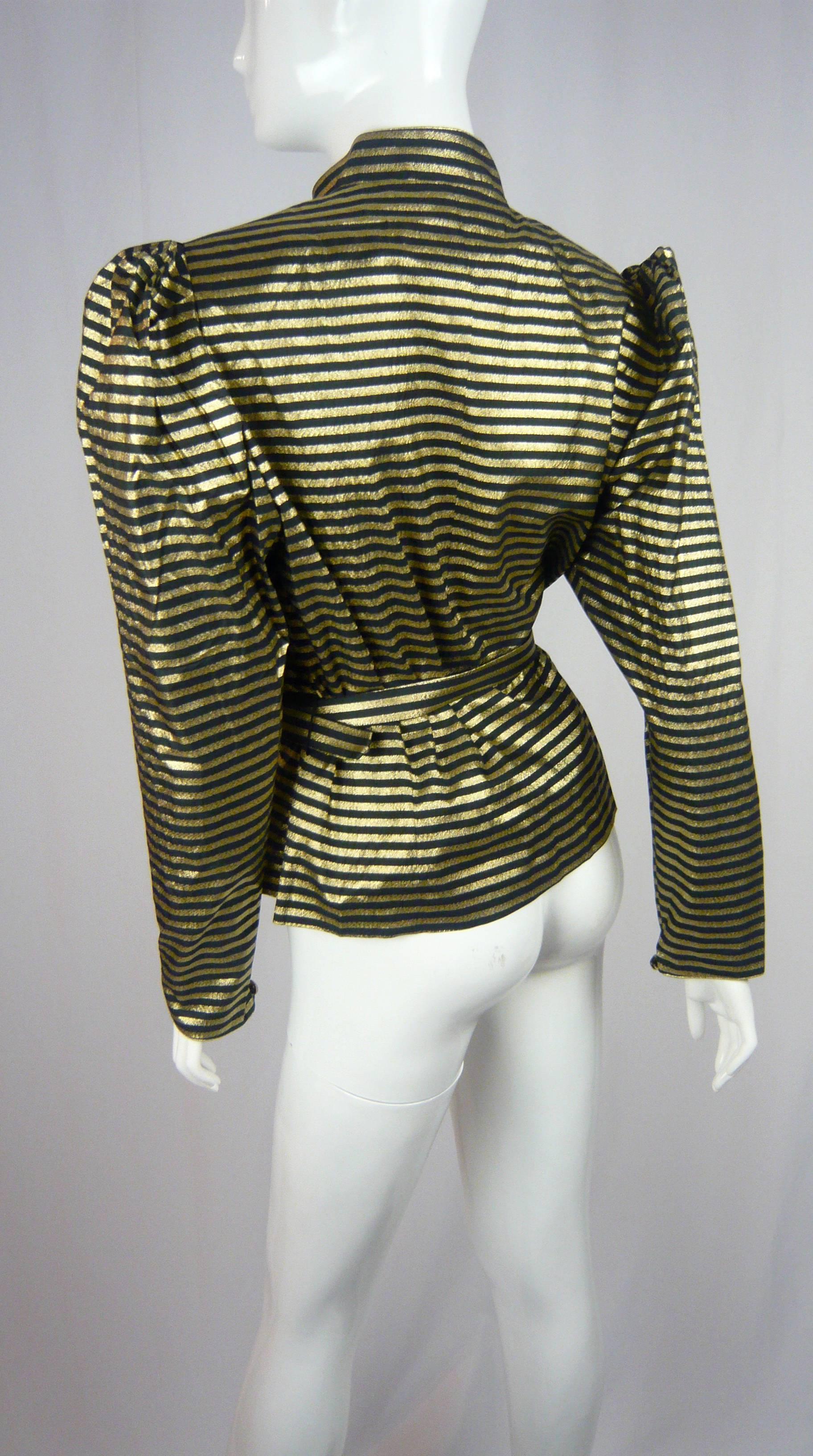 1980s Scorpion Black and Gold Lame Striped Blouse For Sale 3