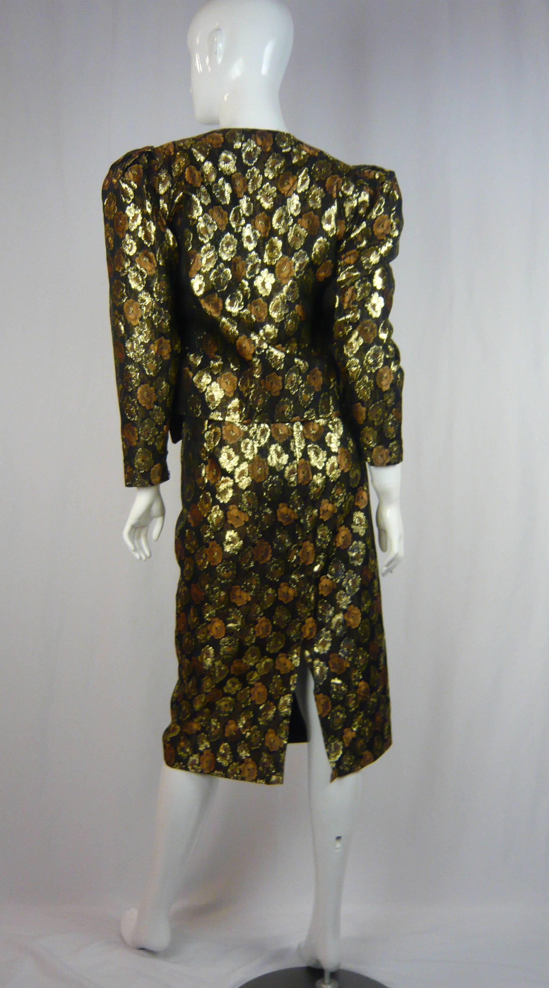 1980s Guy Laroche Lame Gold/Brown Floral Brocade Two Piece Ensemble For Sale 1
