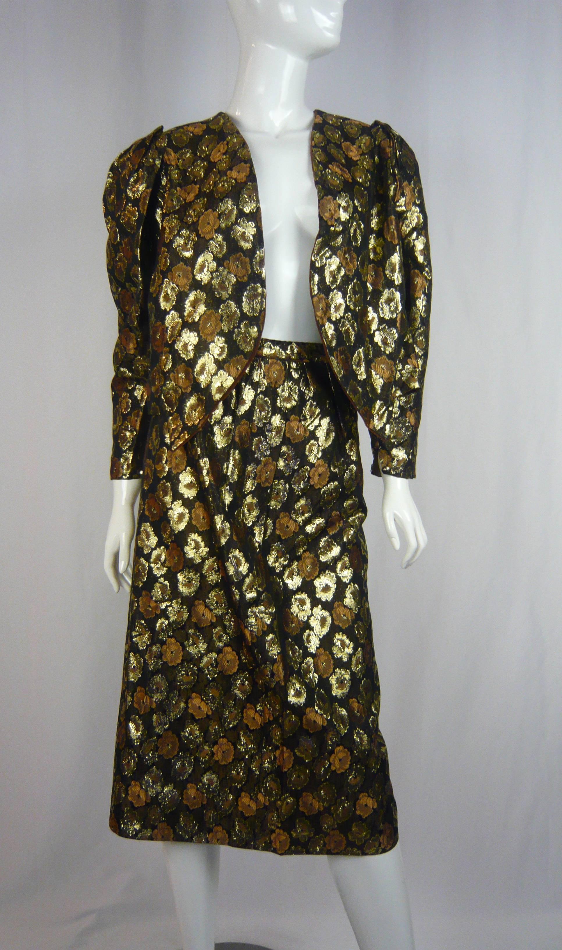 Women's 1980s Guy Laroche Lame Gold/Brown Floral Brocade Two Piece Ensemble For Sale