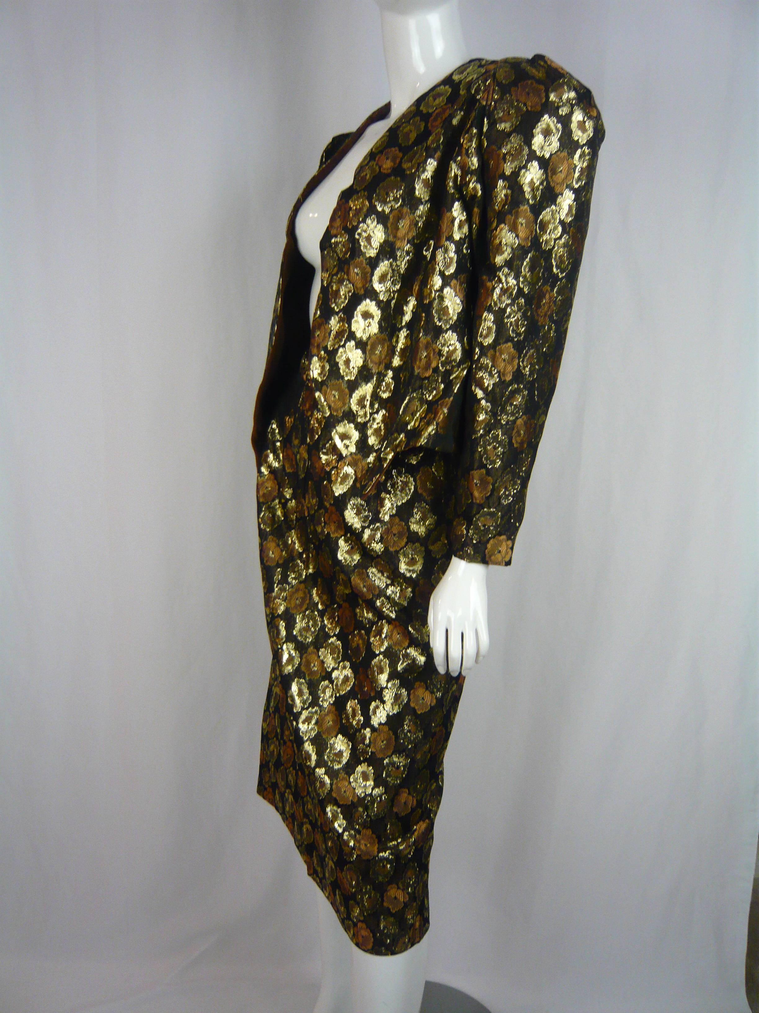1980s Guy Laroche Lame Gold/Brown Floral Brocade Two Piece Ensemble For Sale 2