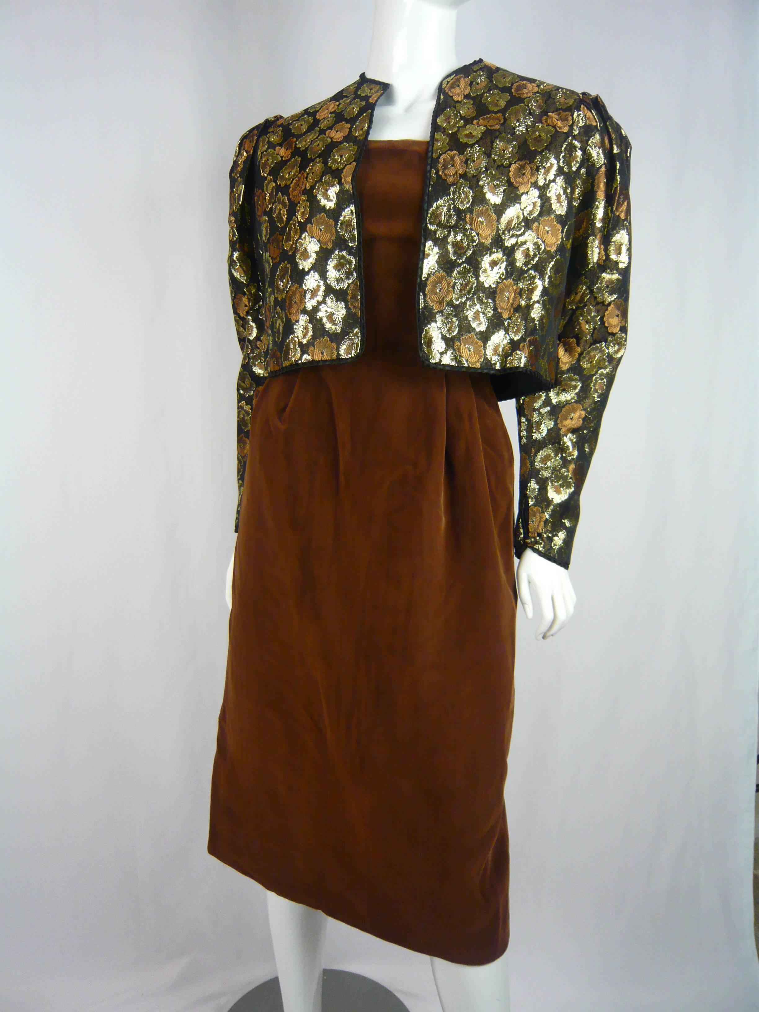 1980s Guys Laroche Floral Brocade Bolero w Brown Velvet Dress For Sale 3
