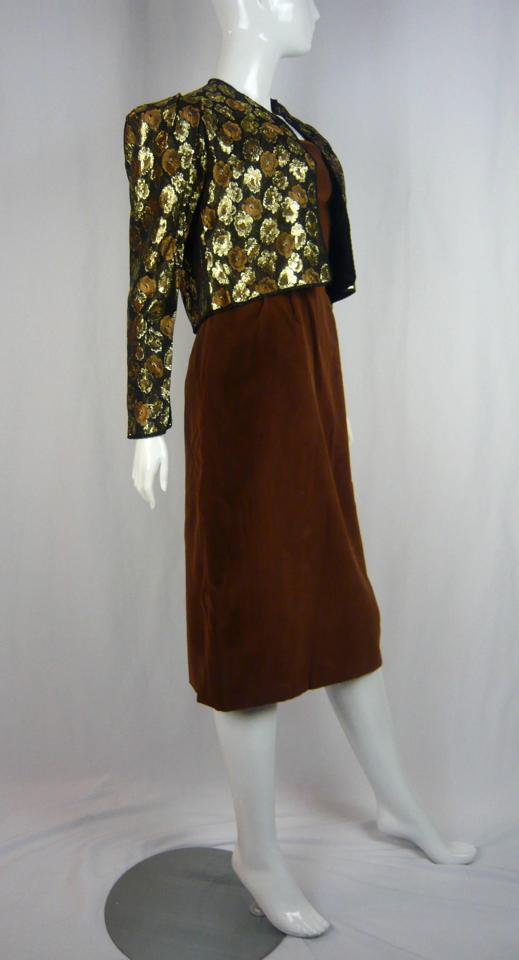 Women's 1980s Guys Laroche Floral Brocade Bolero w Brown Velvet Dress For Sale