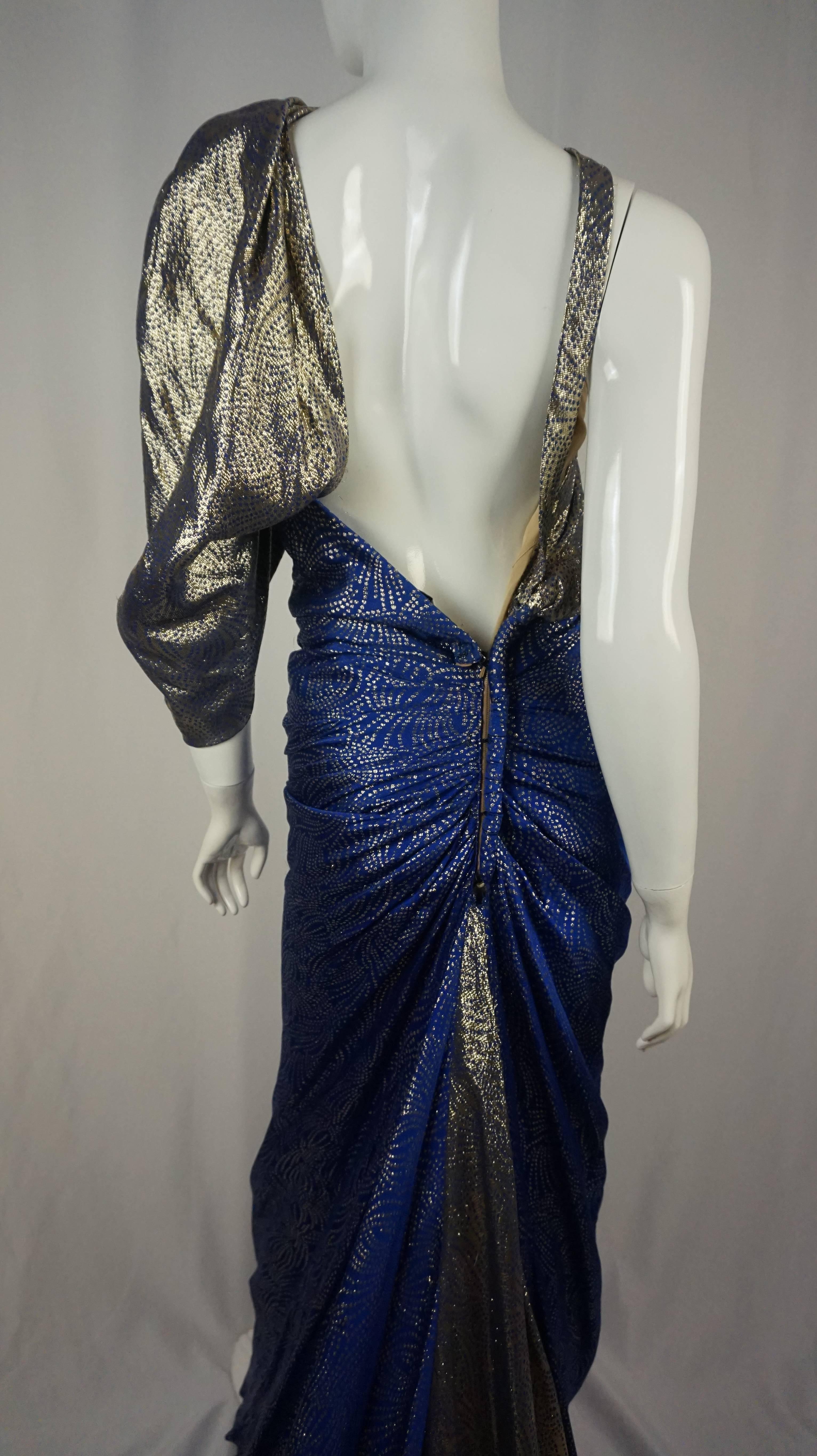 1980s Lame Jacqueline De Ribes One Shoulder Mermaid Cerulian and Gold In Excellent Condition For Sale In West Hollywood, CA