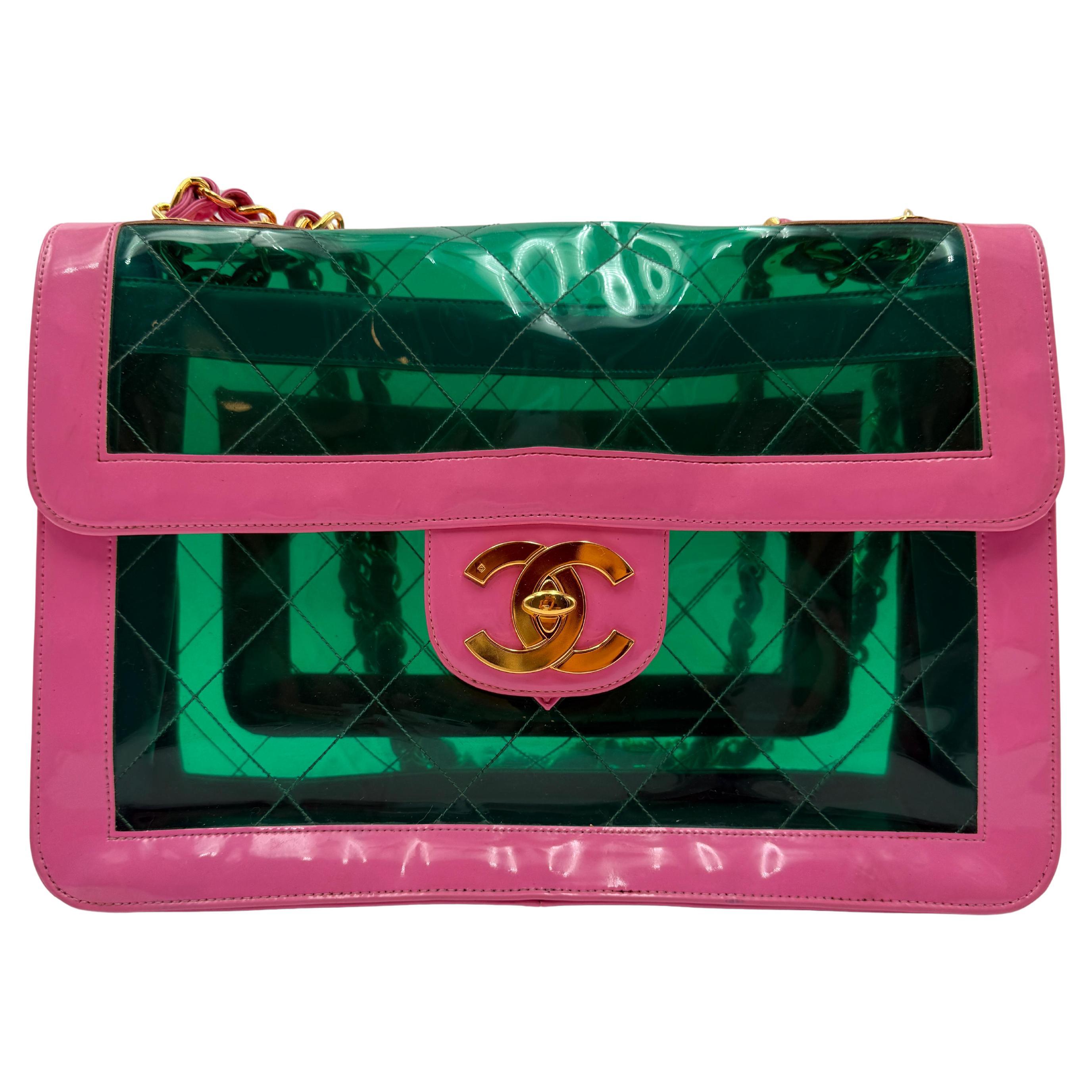 Chanel 1995 Ultra Rara Borsa Maxi Flap in PVC Rosa & Verde in vendita