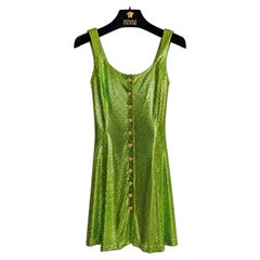 Gianni Versace Vintage Lime Green Metal Mesh Dress with Medusa Buttons