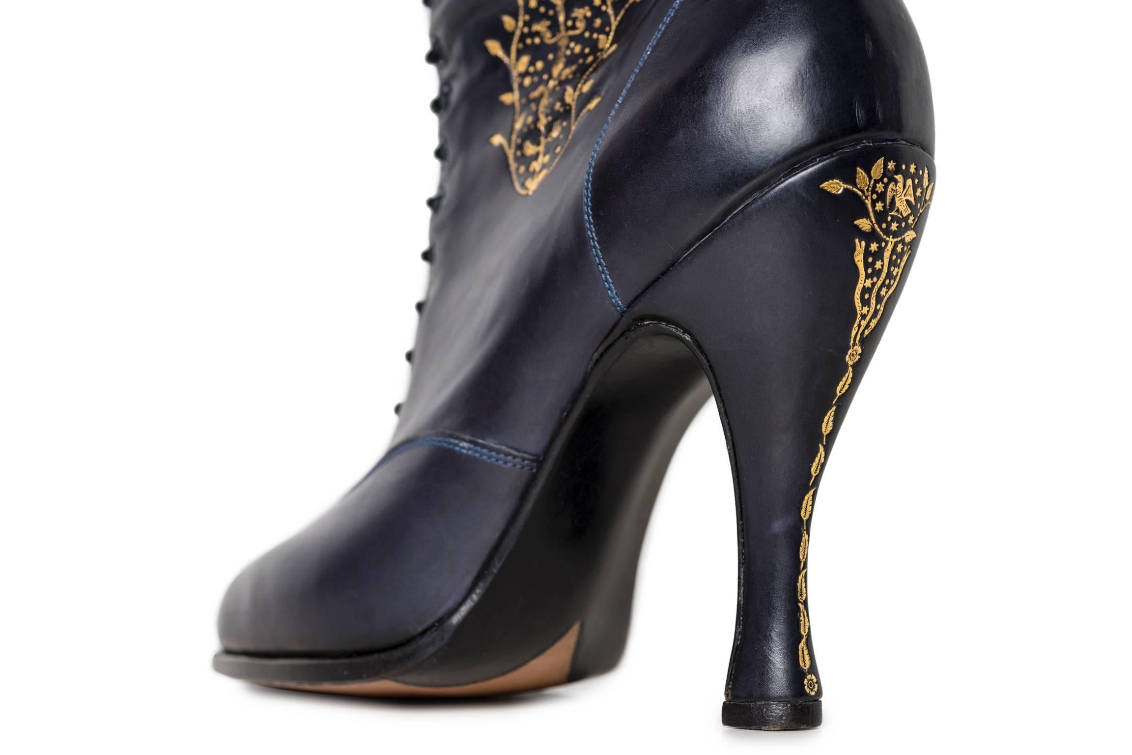 Anastasia are inspired by dreams. Made from navy book calf leather they are hand tooled by Trevor Lloyd with 22t gold in an 18C Irish style, featuring motifs of birds, huntsman, snakes and others. These boots took in excess of 30 hours to hand tool