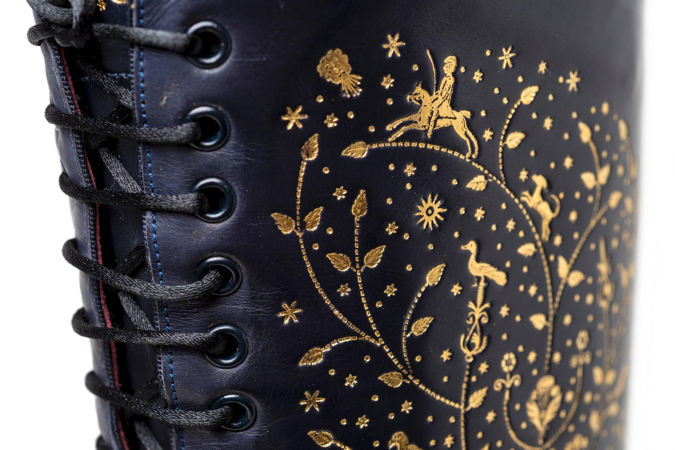 Black Anastasia. Leather full length lace-up boots hand tooled with 22 carat gold For Sale