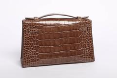 Hermes Kelly Pochette Clutch Cocoa Shiny Alligator with Palladium Hardware
