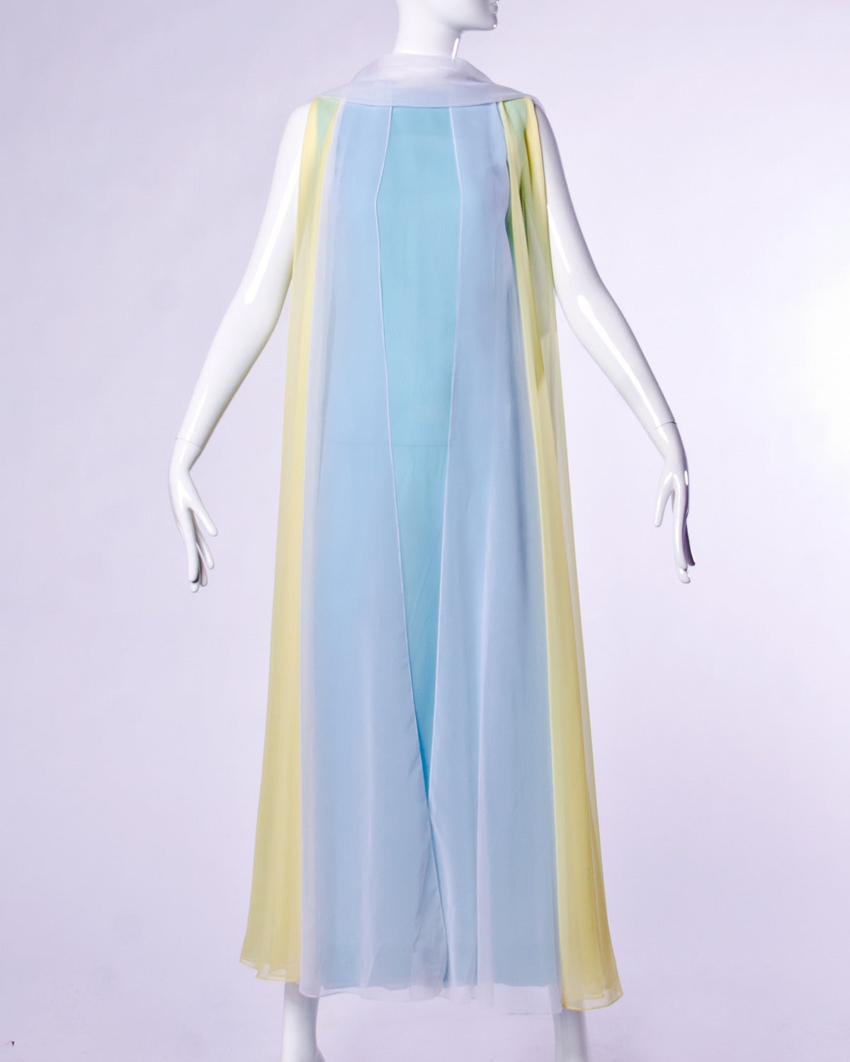 Travilla Vintage 1970s 70s Pastel Sheer Chiffon Full Sweep Maxi Dress or Gown In Excellent Condition In Sparks, NV