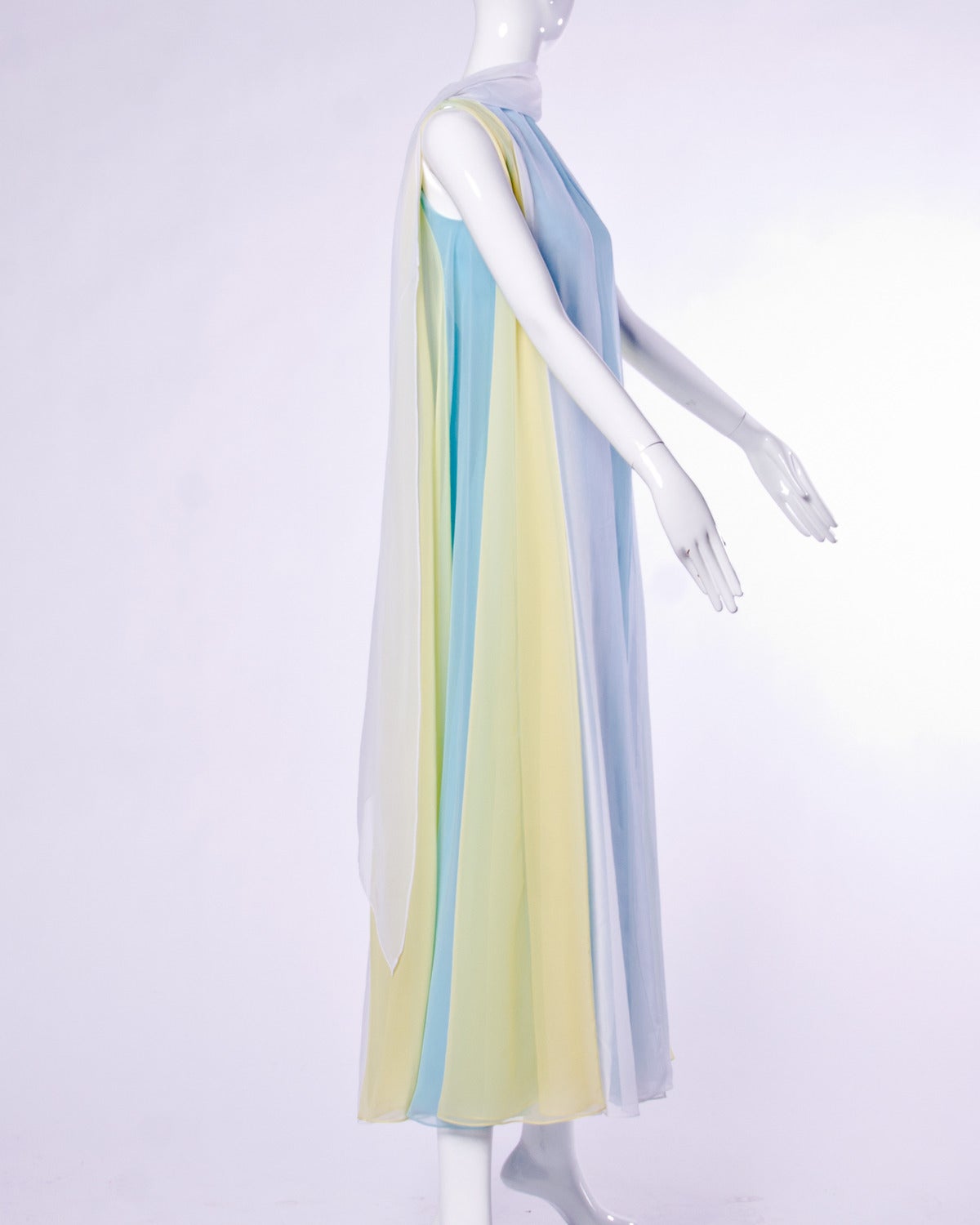 Travilla Vintage 1970s 70s Pastel Sheer Chiffon Full Sweep Maxi Dress or Gown 3