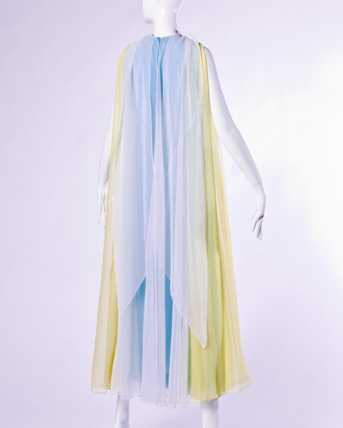 Women's Travilla Vintage 1970s 70s Pastel Sheer Chiffon Full Sweep Maxi Dress or Gown