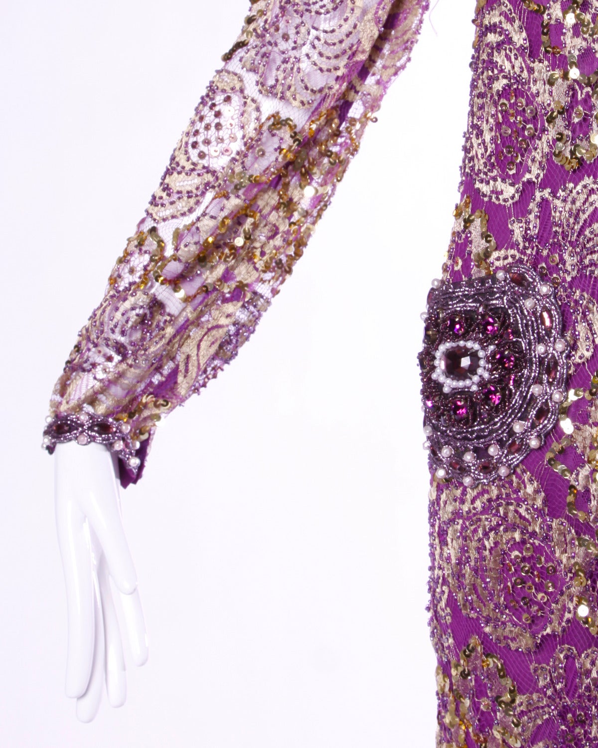 Adolfo Vintage 1980s 80s Metallic Sequin + Beaded Sheer Lace Dress with Slip 1