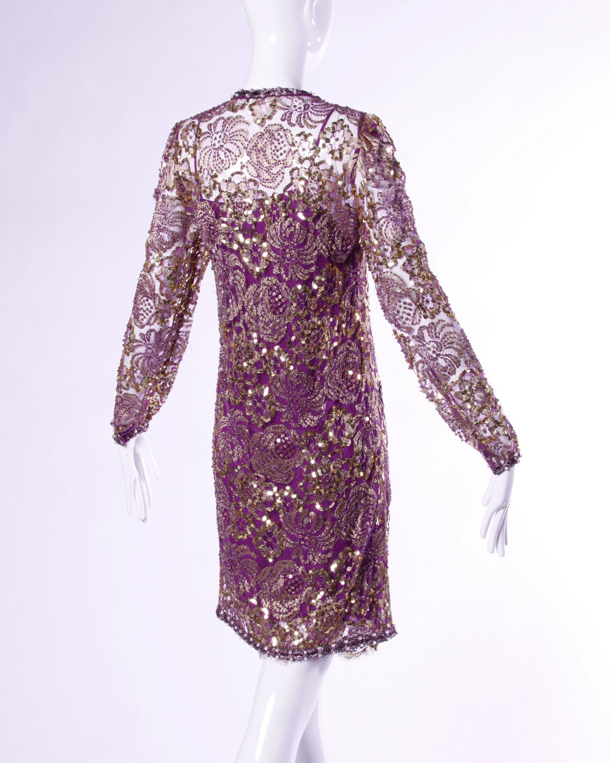 Adolfo Vintage 1980s 80s Metallic Sequin + Beaded Sheer Lace Dress with Slip In Excellent Condition In Sparks, NV