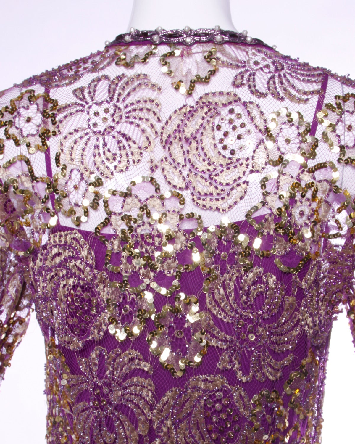Women's Adolfo Vintage 1980s 80s Metallic Sequin + Beaded Sheer Lace Dress with Slip