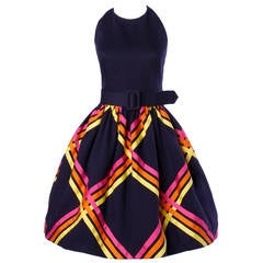 Bill Blass Deadstock Unworn Navy Blue Halter Dress with Ribbon Embellishment