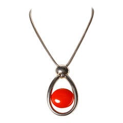 Signed Lanvin Vintage 1970s 70s Large Red-Orange Modernist Pendant Necklace