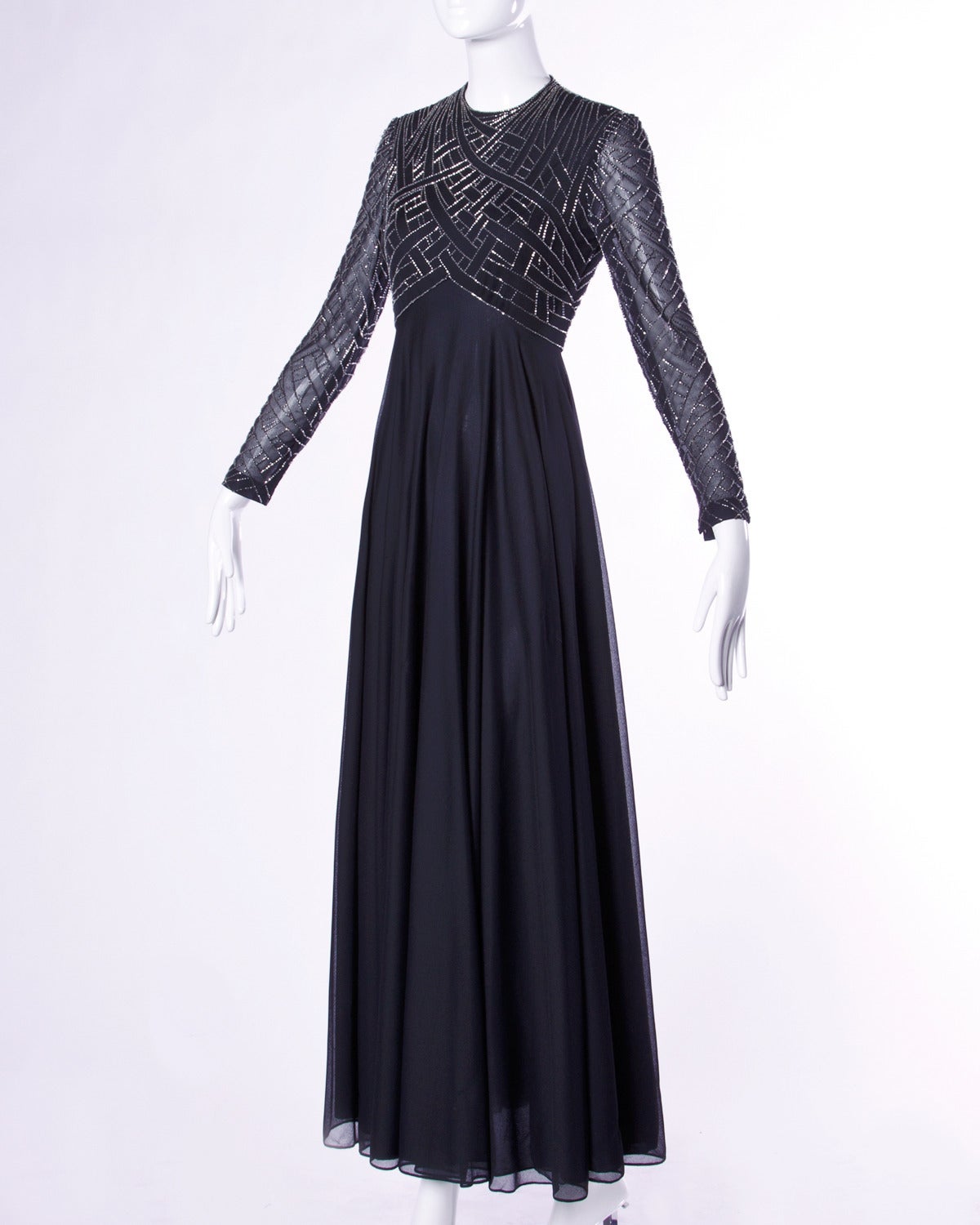 Victoria Royal Ltd. for I. Magnin Vintage 70s Metallic Beaded Black Silk Gown In Excellent Condition In Sparks, NV