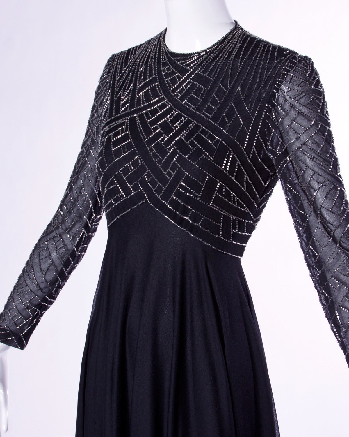 Men's Victoria Royal Ltd. for I. Magnin Vintage 70s Metallic Beaded Black Silk Gown