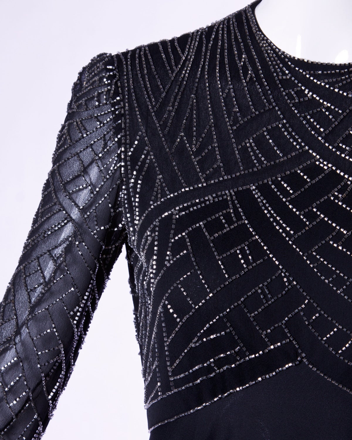 Victoria Royal Ltd. for I. Magnin Vintage 70s Metallic Beaded Black Silk Gown 1