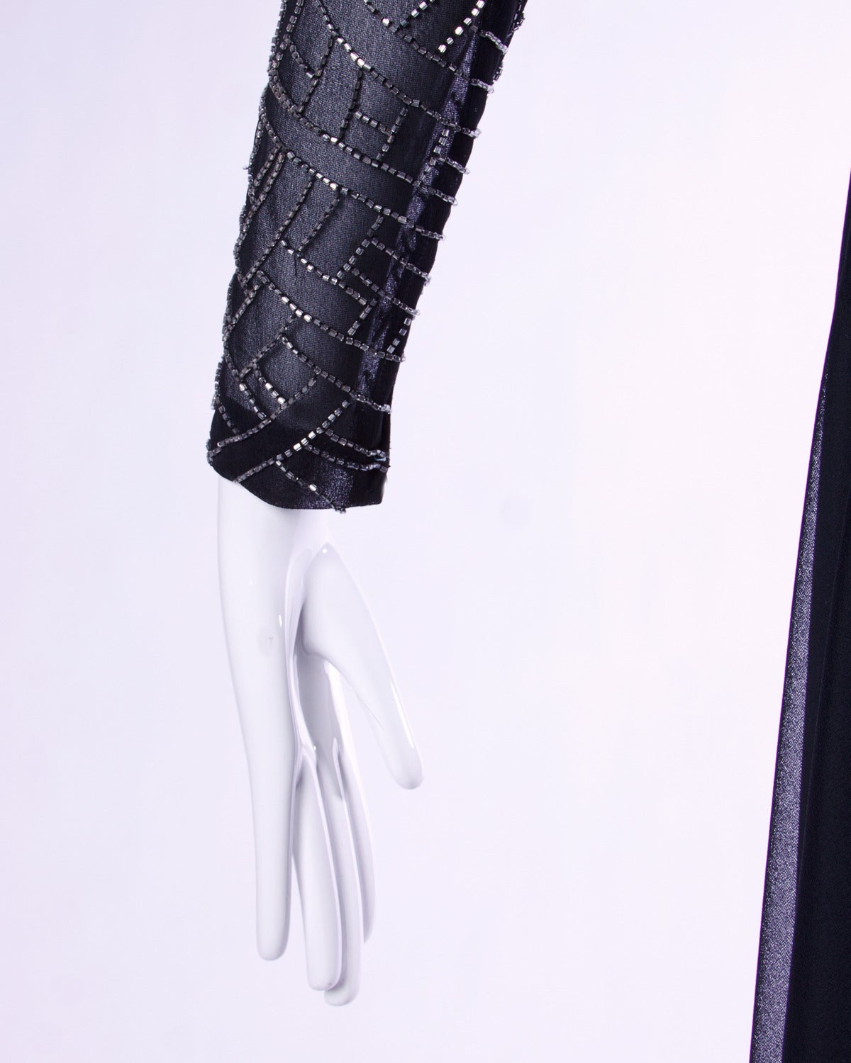 Victoria Royal Ltd. for I. Magnin Vintage 70s Metallic Beaded Black Silk Gown 3