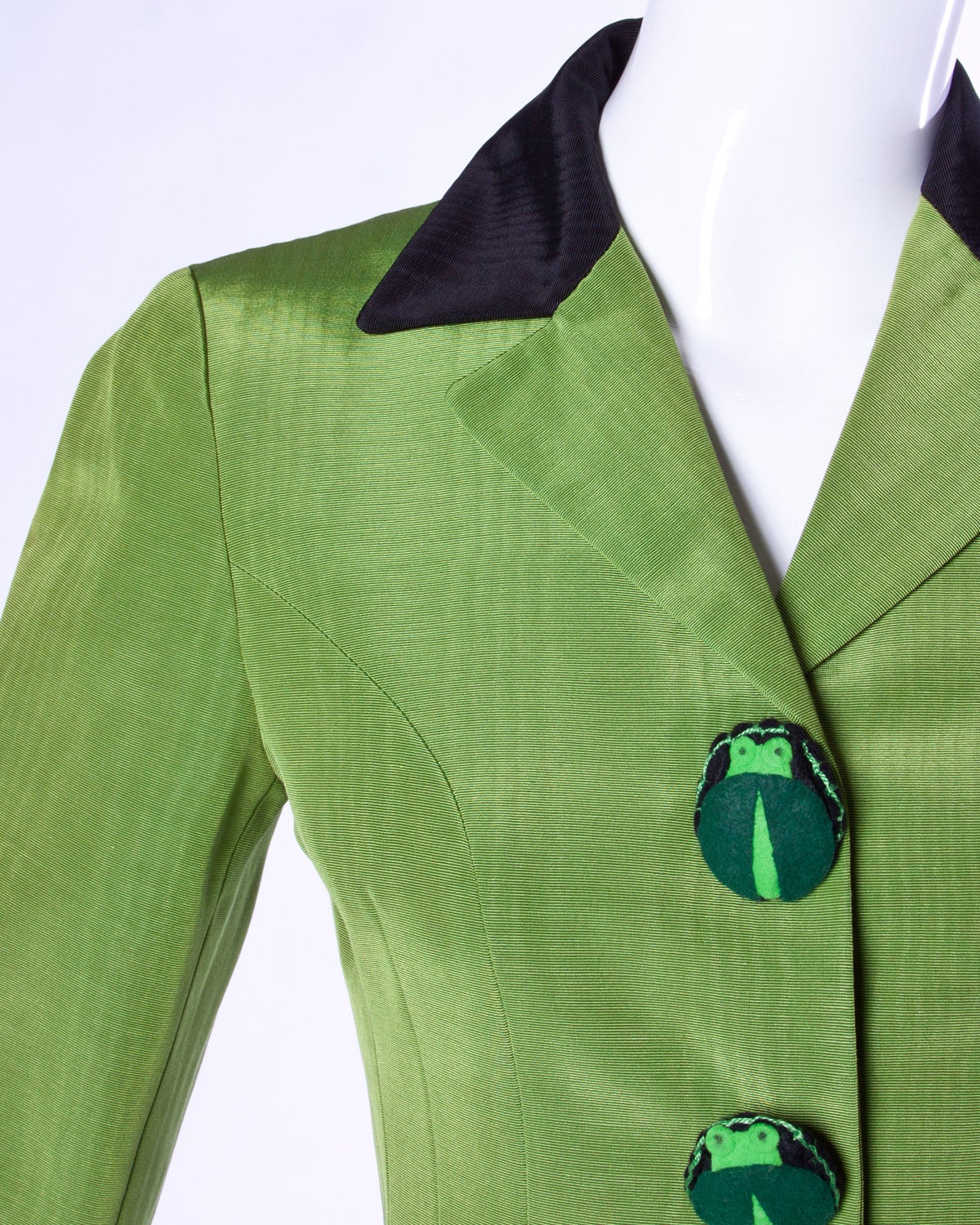 Fantastic novelty jacket in green moire by Moschino featuring giant felt sculptural 