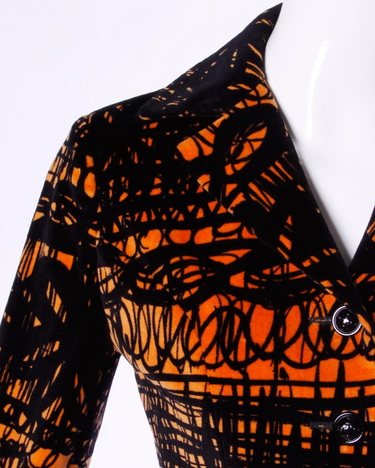 Vintage orange and black scribble printed velvet suit jacket with 