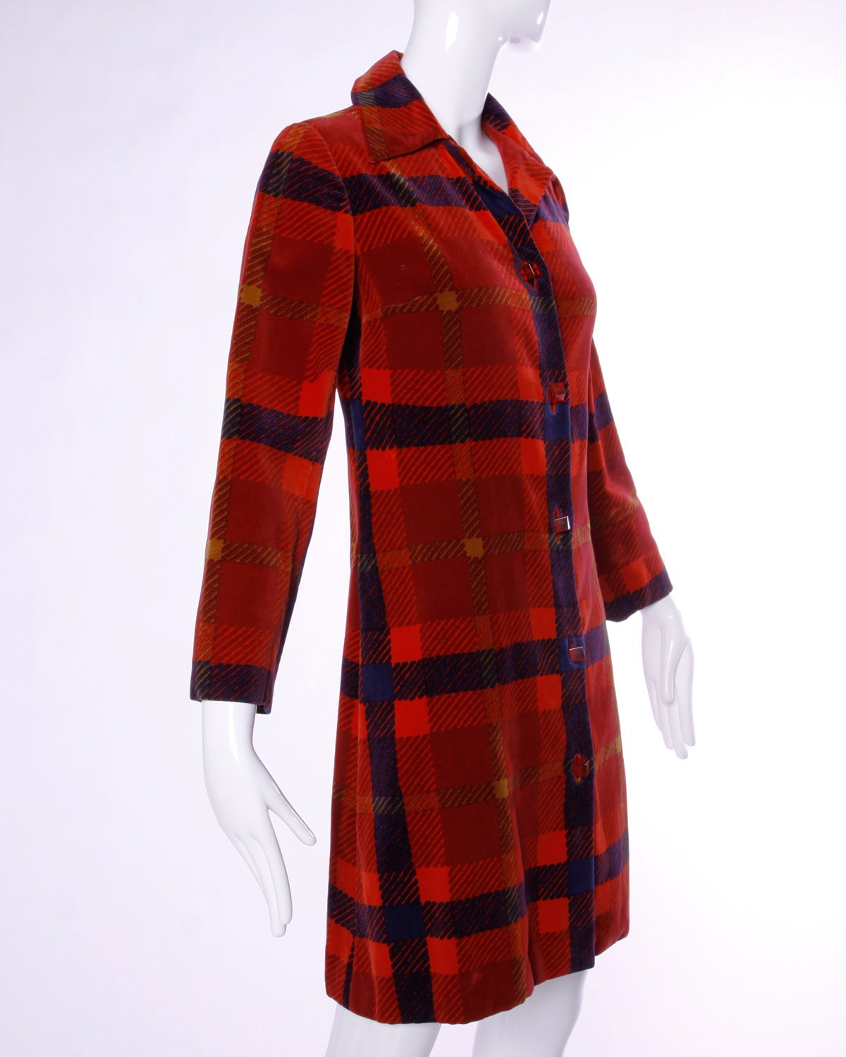 Women's Bill Blass Vintage 1960s 60s Plaid Velvet Coat with Red Lucite Cube Buttons