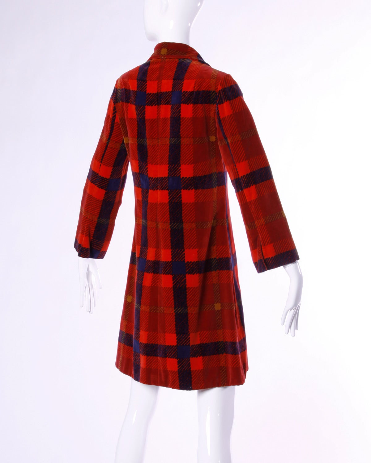 Bill Blass Vintage 1960s 60s Plaid Velvet Coat with Red Lucite Cube Buttons 1