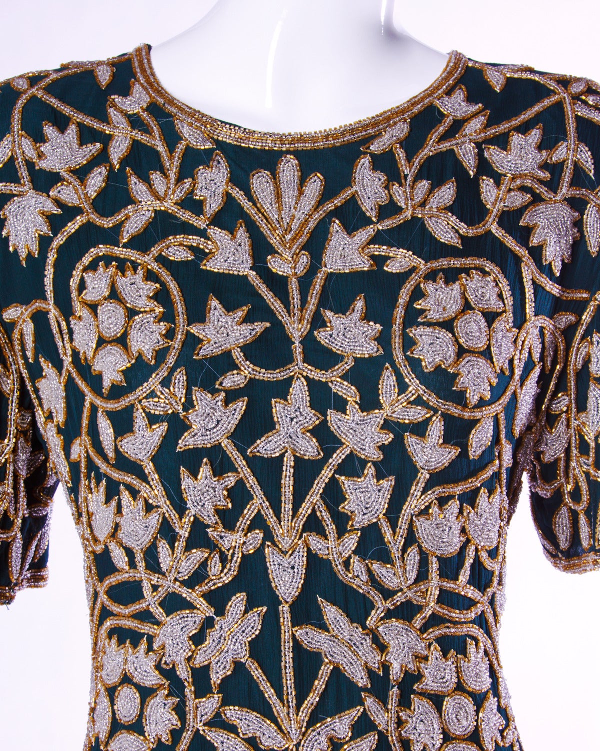 Vintage 1980s 80s Metallic Silver + Gold Beaded Green Silk Cocktail Dress