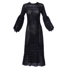 Adolfo Vintage 1970s 70s Black Crochet Lace Sheer Knit Dress