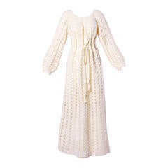 Vintage 1970s 70s Sheer Hand Crochet Wool Maxi Dress or Bridal Gown