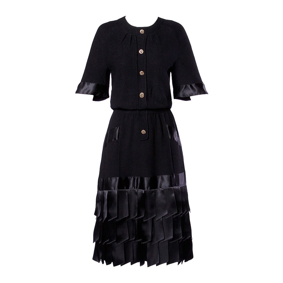 Adolfo for I. Magnin Vintage 1980s 80s Black Knit Dress with Ribbon Fringe