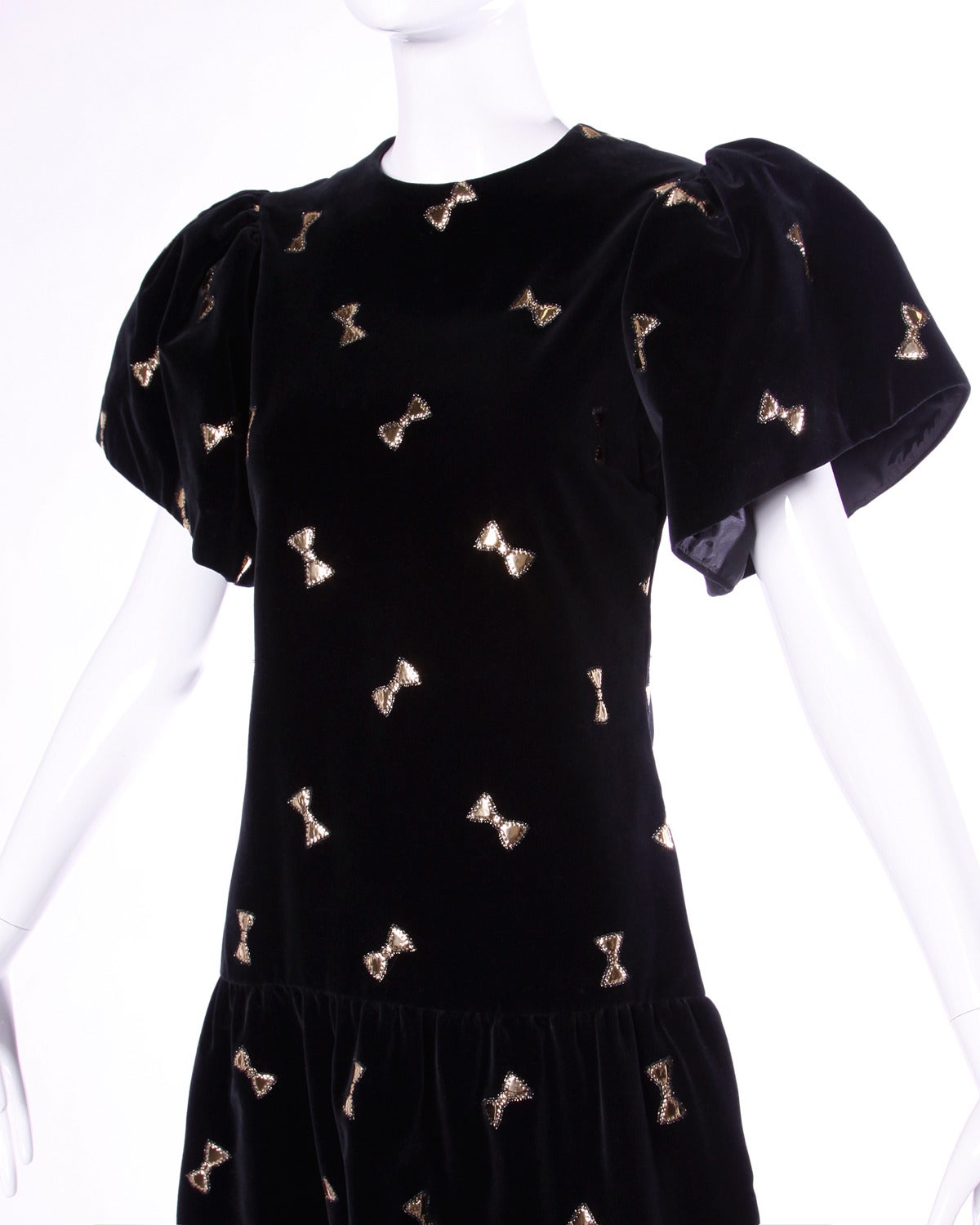 Women's Holly's Harp Vintage 80s Black Velvet Dress with Metallic Gold Bow Appliques