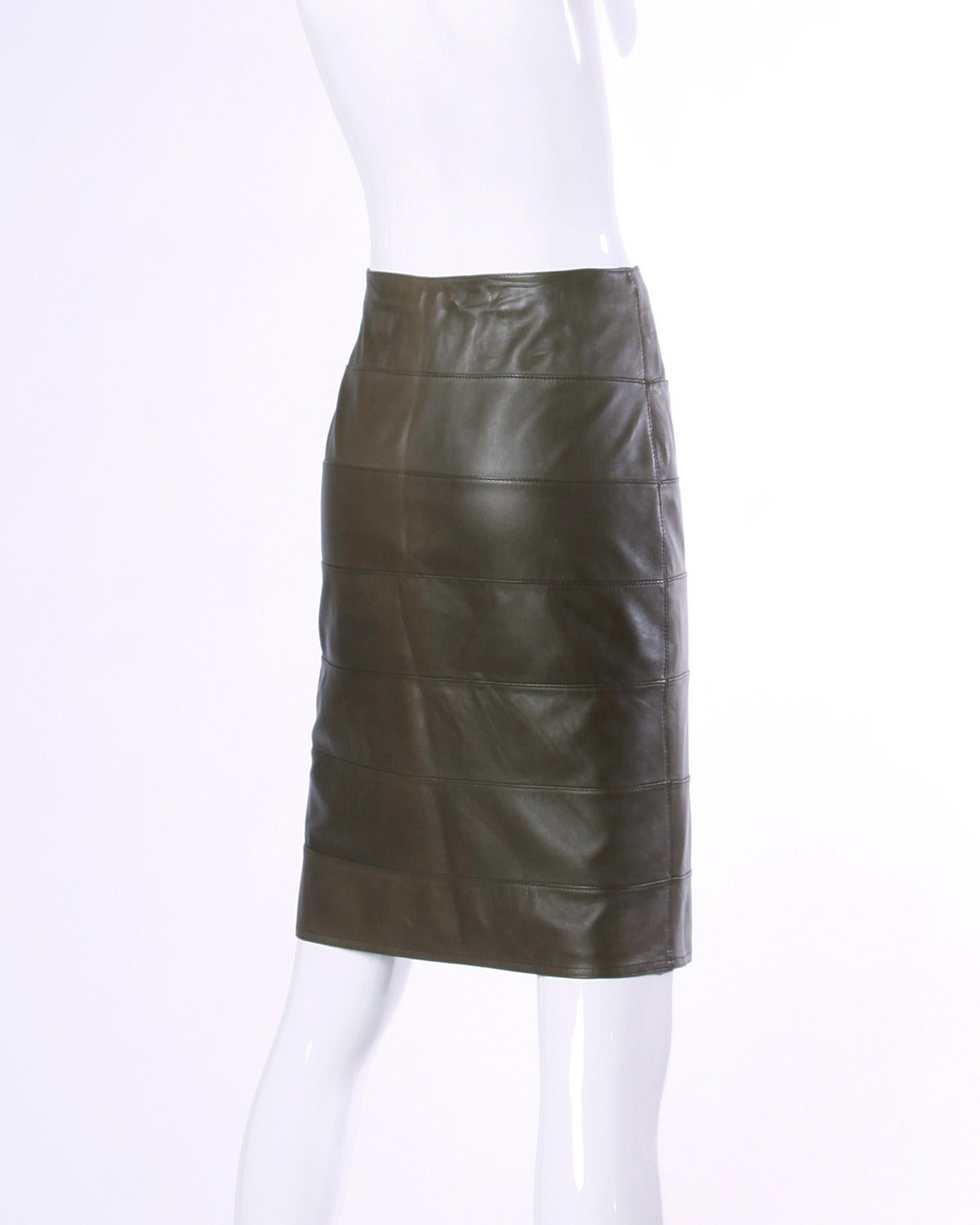 Women's Krizia Vintage 1990s 90s Olive Green Buttery Sheepskin Leather Skirt